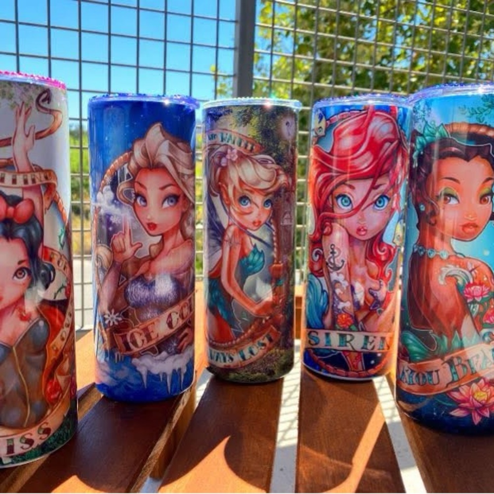 Glitter Skinny Tumbler Set with Mermaid & Ice Princess Art - Blue Teal Pink
